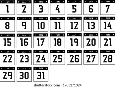 Dates of Month January in black-white theme individual dates.