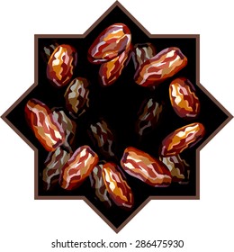 Dates in octagonal star frame. Muslim food. Islamic design element. Healthy fruit.