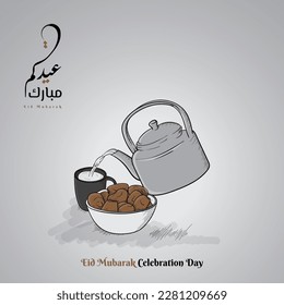 Dates on bowl with tea and tea pot in cartoon hand drawn design for eid or iftar party template