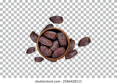 Dates on the wooden bowl isolated on transparent background