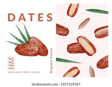 Plantillas de diseño de empaquetado de fechas, ilustración vectorial de estilo acuarela.