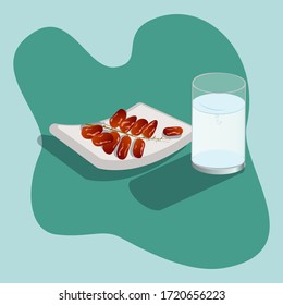 Dates palm fruit on plate with a glass of water vector illustration. Breaking the fast of ramadan vector