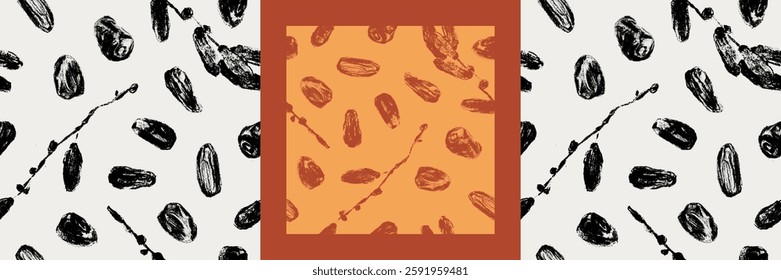 Dates pattern background for premium product design. Vector seamless template. Dried date fruit background. Organic dates — hand drawn pencil drawings for color fabric ornament, textile decoration