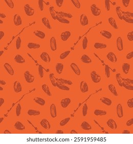 Dates pattern background for premium product design. Vector seamless template. Dried date fruit background. Organic dates — hand drawn pencil drawings for color fabric ornament, textile decoration