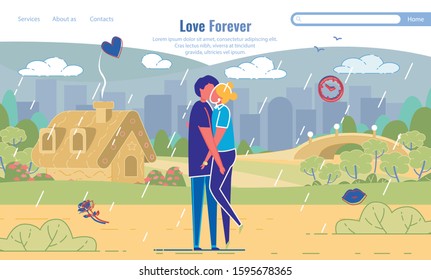 Dating Agency Landing Page with Romantic Design. Love Forever Lettering. Cartoon Couple Man and Woman in Love Lovers Characters Standing under Rain Hugging and Kissing. Vector Illustration