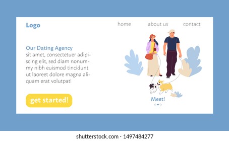 Dating agency landing page user interface design template, happy couple with their dogs meeting and falling in love