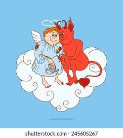 Dating of angel and demon on cloud. Love valentine's day card. Vector illustration.