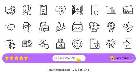 Dating app, Air balloon and Engineering documentation line icons for web app. Pack of Yummy smile, Diagram graph, Organic product pictogram icons. Time change, Mail, Internet signs. Search bar. Vector