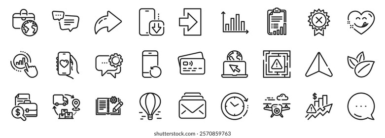 Dating app, Air balloon and Engineering documentation line icons pack. Share, Message, Paper plane icons. Yummy smile, Diagram graph, Organic product web icon. Vector