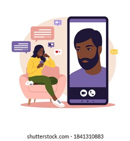 Dating app, application or chat concept. African woman are sitting with big smartphone on the sofa and talking to phone. Flat vector.