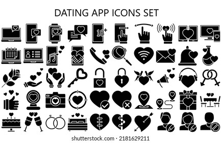 Dating app black filled icons set. Heart, love, profile, edit info, search, age range, location, gender, swipe and more. Used for modern concepts, web, UI, UX kit, Vector EPS 10 ready convert to SVG