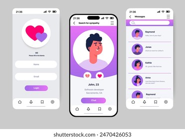 Dating app concept in flat design. Mobile dating application template presented on three screens and made in a modern style. Vector Illustration.