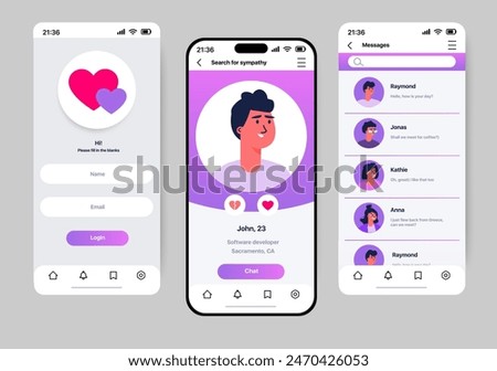 Dating app concept in flat design. Mobile dating application template presented on three screens and made in a modern style. Vector Illustration.