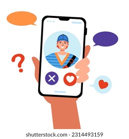 Dating app concept. A human hand  holding a smartphone and choosing whether to like or dislike this guy. Flat vector illustration.