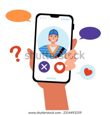 Dating app concept. A human hand  holding a smartphone and choosing whether to like or dislike this guy. Flat vector illustration.