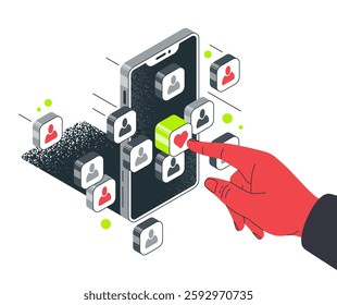 Dating app concept. Isometric phone with social media network and communication design, smartphone screen with romantic coincidence 3d vector illustration. Social network communication concept