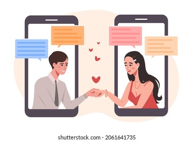 Dating app concept. Man and girl hold hands through screens of smartphones. Romance, love, finding soul mate. Internet dating, online. Cartoon flat vector illustration isolated on white background