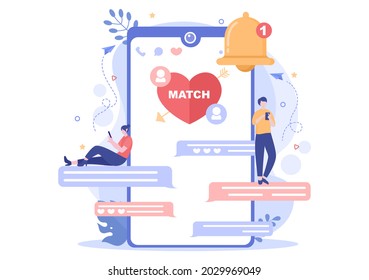 Dating App For a Couple With Male and Female in Smartphone If Match Become Love or Relationships. Background Flat Design Vector Illustration