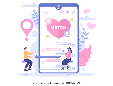 Dating App For a Couple With Male and Female in Smartphone If Match Become Love or Relationships. Background Flat Design Vector Illustration