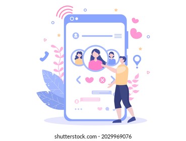 Dating App For a Couple With Male and Female in Smartphone If Match Become Love or Relationships. Background Flat Design Vector Illustration