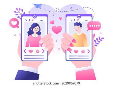 Dating App For a Couple With Male and Female in Smartphone If Match Become Love or Relationships. Background Flat Design Vector Illustration