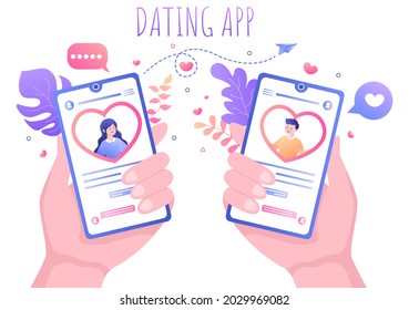 Dating App For a Couple With Male and Female in Smartphone If Match Become Love or Relationships. Background Flat Design Vector Illustration