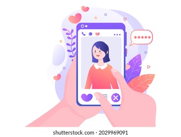 Dating App For a Couple With Male and Female in Smartphone If Match Become Love or Relationships. Background Flat Design Vector Illustration