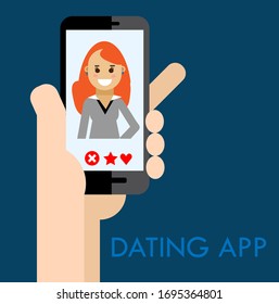 Dating app. Cute red-haired girl on the smartphone screen. Colorful flat vector illustration.