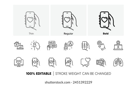 Dating app, Cyber attack and Bitcoin think line icons. Pack of Video conference, Startup, Work home icon. Heart, Cursor, Music app pictogram. Bid offer, Support, Lungs. Image album. Line icons. Vector