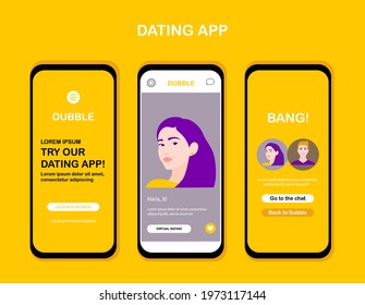 Dating app design, interface. People bang social media Mockup. Dating application. Online dating, virtual love. Vector illustration