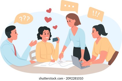 Dating app distracts from staff meeting 2D vector isolated illustration. Female employee with phone ignoring coworkers flat characters on cartoon background. Obsessing over dating site colourful scene