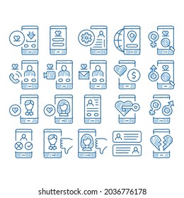 Dating App Elements Sketch Icon Vector. Hand Drawn Blue Doodle Line Art Smartphone Mobile Dating Love Application . Profile Avatar, Like And Broken Heart Illustrations