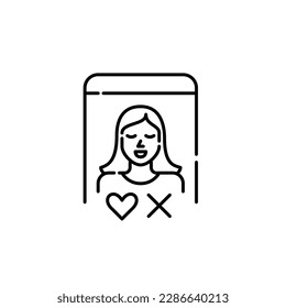 Aplicación de citas usuaria femenina. Posible coincidencia con el corazón y la cruz como si o no símbolos. Icono de trazo de píxeles perfecto, modificable