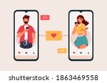 Dating app Flat Design Concept, Male and Female  Sending Message with Smartphone in Dating App Vector Illustration