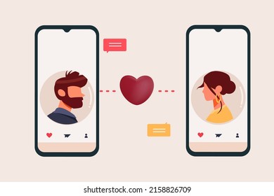 Dating app Flat Design Concept, Male and Female Sending Message with Smartphone in Dating App Vector Illustration