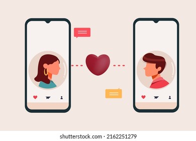 Dating app Flat Design Concept, Male and Female Sending Message with Smartphone in Dating App Vector Illustration