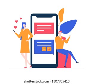 Dating app - flat design style colorful illustration on white background. Composition with characters, boy and girl chatting online using mobile application, image of a big smartphone, like buttons