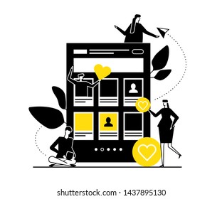 Dating app - flat design style vector illustration. Black, yellow and white composition with male, female characters chatting online, using mobile applications searching for romantic relationships