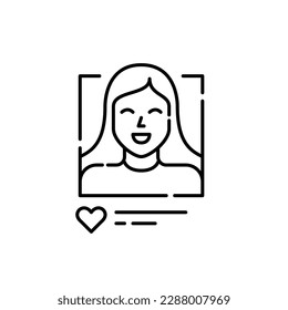 Dating app girl user profile. Smiling girl with long hair, biography and like. Pixel perfect, editable stroke line icon