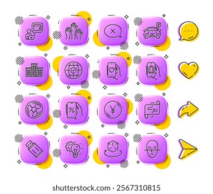 Dating app, Global insurance and Air fan line icons. App 3d buttons. Social media comment, share, like icons. Pack of Yen money, Baggage app, Idea gear icon. Vector