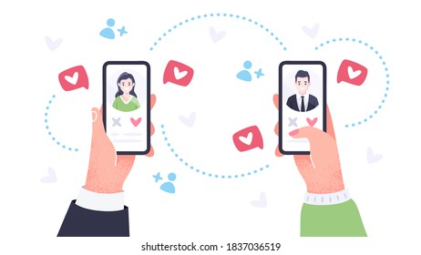 Dating app. Hands with phone. Hands hold the smartphone vertically. Flat style vector eps10 illustration. Social media, likes, hearts, followers, notifications. Simple modern design. Male and female.