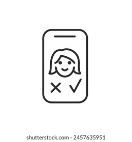 Dating app icon. A mobile phone with a dating application interface, indicating profile choice. Perfect for content about online dating services, and social interactions. Vector illustration