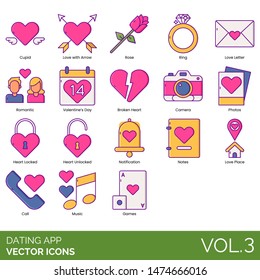 Dating app icons including cupid, love with arrow, rose, ring, letter, romantic, valentines day, broken heart, camera, photos, locked, unlocked, notification, notes, place, call, music, games.