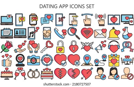 Dating app icons set. Include like, dislike, boost, message, profile, edit info, filter, search, age range, location, gender, swipe and more.  Used for modern concepts, web, UI, UX kit, Vector EPS 10.