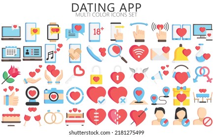 Dating app icons set. Include like, dislike, boost, message, profile, edit info, filter, search, age range, location, gender, swipe and more.  Used for modern concepts, web, UI, UX kit, Vector EPS 10.
