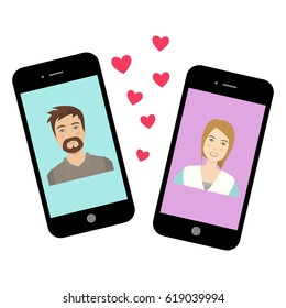 Dating app illustration. Phones and heart likes icons