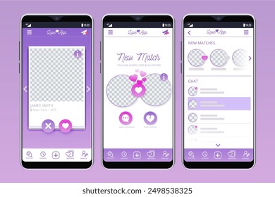 Dating App-Schnittstelle mobile Bildschirme Vektordesign in eps 10
