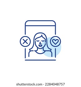 Dating-App-Schnittstelle. Hübsches Mädchen. Suchen Sie einen romantischen Partner. Übereinstimmen und übergeben von Symbolen. Kreuz- und Herzsymbol