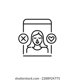 Dating app interface. Pretty girl user. Looking for a romantic partner. Match and pass symbols. Cross and heart icon