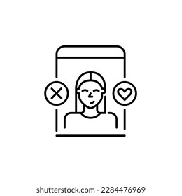 Dating app interface. Smiling girl user. Looking for a romantic partner. Match and pass symbols. Cross and heart icon